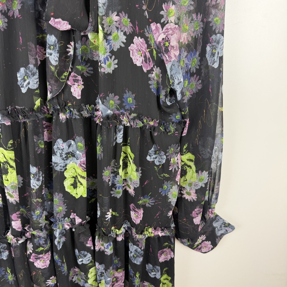 NWT Cinq a Sept Midnight Bloom Revina Dress Size 12 Dark Floral Tie Neck Tiered - Picture 3 of 15